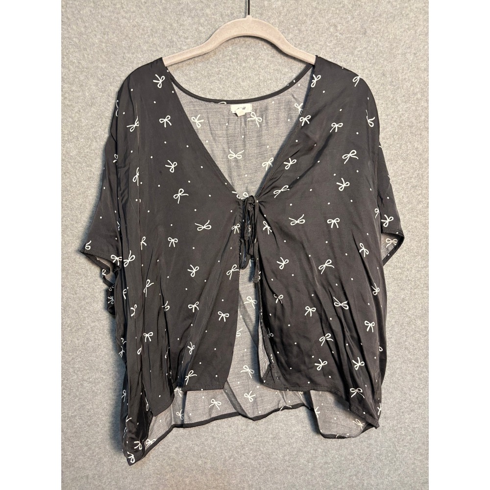 Aerie Bow Print Tie Front Kimono Cardigan Womens XL‎ Black White Coquette Top